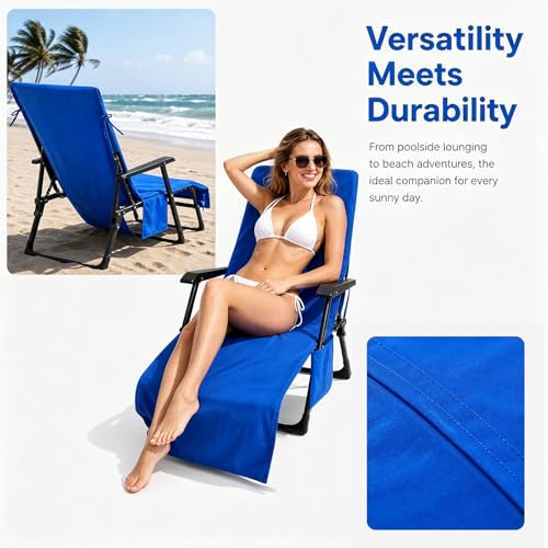 VOCOOL Chaise Lounge Cover Pool Chair Cover Soft and Quick Dry | Beach Chair Towel Cover with Pocket, for Sun Lounger Pool Sunbathing Garden Beach Hotel Outdoor, No Slide, Blue, 85" x 30" - color: Blue