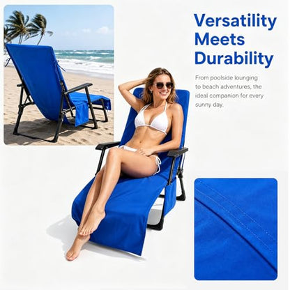 VOCOOL Chaise Lounge Cover Pool Chair Cover Soft and Quick Dry | Beach Chair Towel Cover with Pocket, for Sun Lounger Pool Sunbathing Garden Beach Hotel Outdoor, No Slide, Blue, 85" x 30" - color: Blue