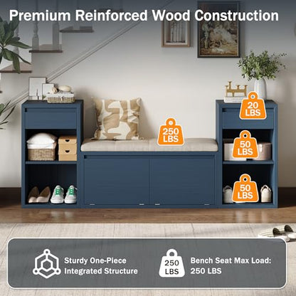 77.48" Entryway Storage Bench with Cushion, Drawers & Shelves, Antique Navy | 4-in-1 Hallway Bench with Drawers, Compartments & Open Shelves – Mudroom Shoe Storage, Entryway Organizer - color: Antique Navy