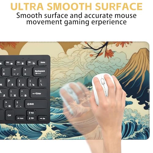 Japanese Waves Desk Mat Large Mouse Pad Gaming Mousepad 31.5 x 15.8 in | Desk Pad for Keyboard and Mouse, Large Non-Slip Rubber Base Mousepad Desk Mat with Stitched Edges for Gaming Office - color: Japanese Waves