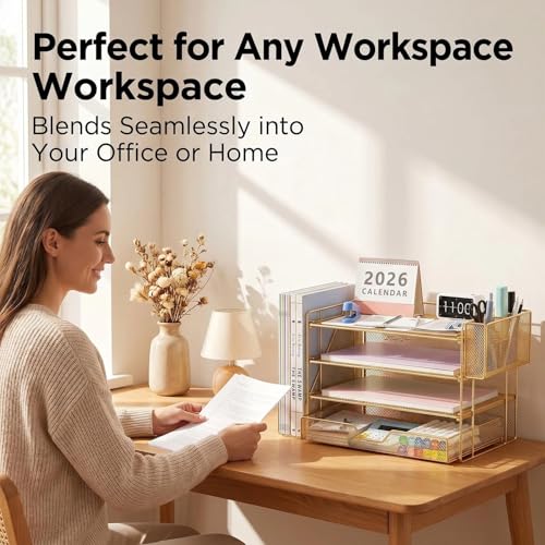OPNICE Desk Organizer, 4-Tier Desktop File Organizer with Drawer and Pen Holders, Office Desk Accessories, File Sorters, Workspace Organizers for Office Supplies(Gold - Metal Pen Holder) - color: Gold - Metal Pen Holder, size: 4-tier