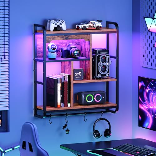 HOOBRO Gaming Floating Shelves with LED Lights, 26.4" LED Wall Mounted Shelf, Modern Corner Shelf 3-Tier Display Rack for Wall Storage, Arched Design, for Living Room, Rustic Brown and Black BF44DBJ01 - color: Rustic Brown + Black