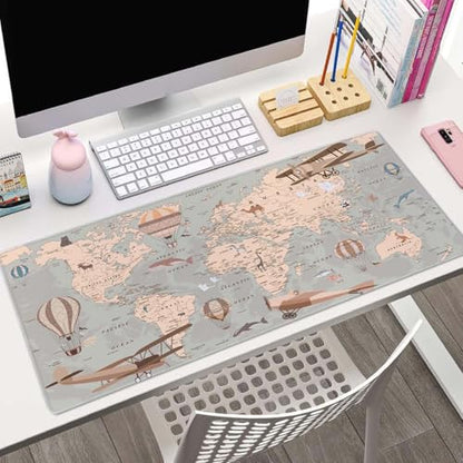 Mouse Pad Gaming, Large Mouse Pads, Non-Slip Rubber Base Mousepad, Keyboard Mouse Mat Desk Pad with Stitched Edges, 31.5x11.8 inch Retro World Map with Balloons and Animals - color: Retro World Map With Balloons and Animals