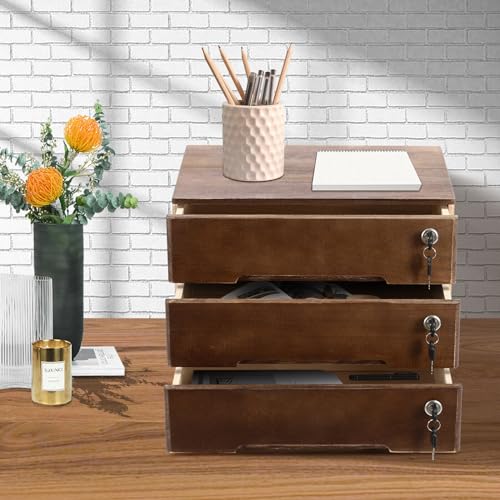 Wooden Desk Organizer with Drawers & Lock, Desktop Countertop Storage Cabinet Lockable Home Office Supplies File Tabletop Organizing Unit (3 Drawer - Retro Walnut) - style: 3 Drawer - Retro Walnut