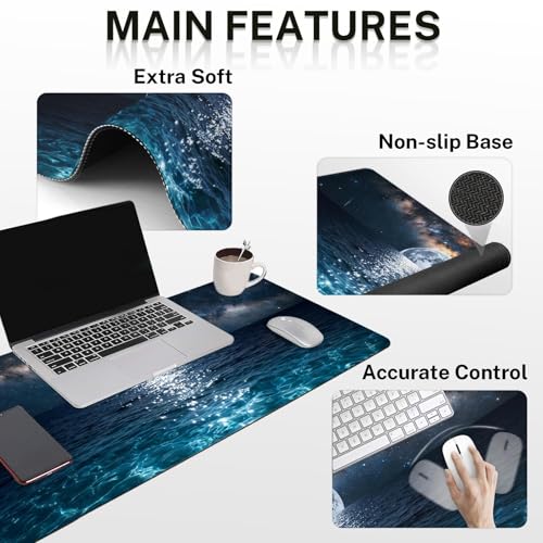 Arttown Moonlight Night Desk Mat Seascape Mouse Pad Set 4 in 1 Romantic Wave Ergonomic Design Large Desk Pad + Keyboard Wrist Rest + Mouse Wrist Rest + Coaster Suitable for Home Office Study Game - color: Moonlight Night