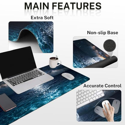 Arttown Moonlight Night Desk Mat Seascape Mouse Pad Set 4 in 1 Romantic Wave Ergonomic Design Large Desk Pad + Keyboard Wrist Rest + Mouse Wrist Rest + Coaster Suitable for Home Office Study Game - color: Moonlight Night