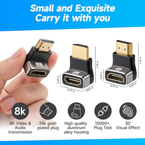 8K 90 Degree HDMI 2.1 Adapter 2 Pack, (Up and Down) Right Angle HDMI Male to Female HDMI L-Shaped Connector Extender Support 8K@60Hz,4K@120Hz for Google Chrome Cast, Roku Stick, Wall TV, Laptop and PC - color: (Up & Down) 90 Degree HDMI Male to Female, si