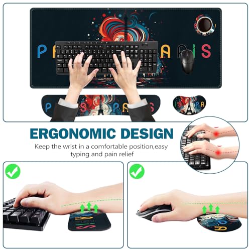 ToLuLu Extended Gaming Mouse Pad, Memory Foam Ergonomic Keyboard Mouse Wrist Rest Support Set, Large Desk Mat with Stitched Edges, Non-Slip Base Mousepad for Home Office and Game, Eiffel Tower Paris - color: Eiffel Tower Paris
