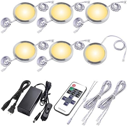 Kitchen Underneath Cabinet LED Puck Light, Hutch Backsplash Back Lighting, 110V Plug in & Hardwired, Wireless RF Remote Control Dimmable, Linkable, White Wires, Warm White 2700K, 6 Lights - color: 6 Lights, Warm white
