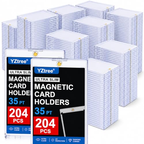 204ct Magnetic Trading Card Holders: 35pt One Touch Card Holder, U-V Protection Hard Plastic 35 PT Magnetic Cards Case for Sports Game, Football, Baseball Cards - Ultra Slim - size: 204 Pack