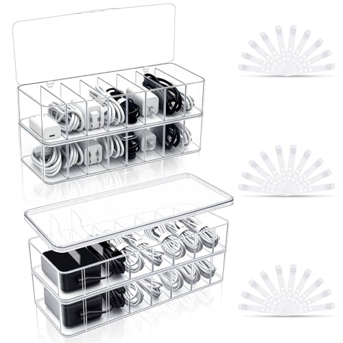 Cheardia 4 Pack Cable Organizer Box with Wire Ties, 2 Style Plastic Cord Storage Box, 10 In Adjustable Clear Charger Organizer with Lid for Electronics Office Home Desk Accessories