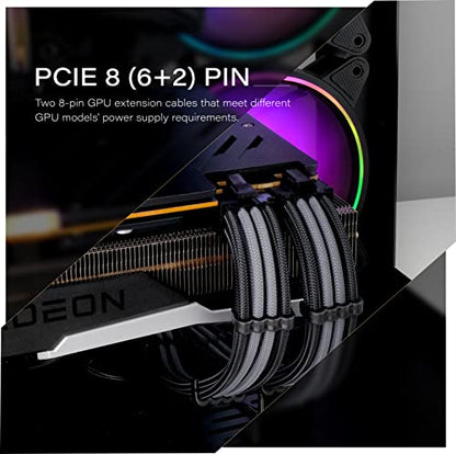 EZDIY-FAB PSU Extension Cable Sleeved Custom Mod PC Power Supply Cable, Soft Nylon Braided with Comb Kit 24PIN/8PIN to 6+2Pin/ 8PIN to 4+4PIN-30CM - Black Grey - color: Black Grey