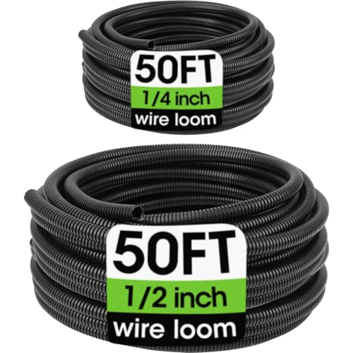Wire Loom 1/4", 1/2 Inch x 50 FT, Split Wire Loom Tubing Wire Conduit, Cable Sleeves Bulk Flexible Electrical Conduit Protective kit – Black - color: 1/4", 1/2 Inch x 50 FT