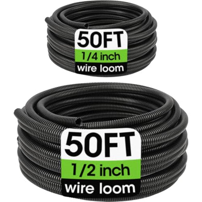 Wire Loom 1/4", 1/2 Inch x 50 FT, Split Wire Loom Tubing Wire Conduit, Cable Sleeves Bulk Flexible Electrical Conduit Protective kit – Black - color: 1/4", 1/2 Inch x 50 FT