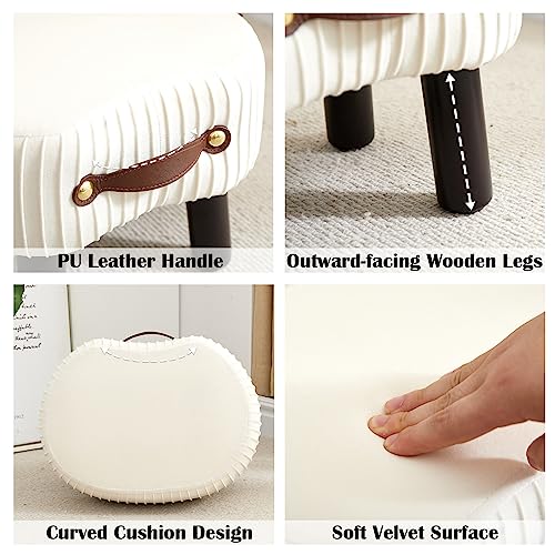 Foot Stools Small, White Ottomon with Handle, Velvet Footrest | Curved Foot Stool with Padded Seat Wooden Legs, Portable Foot Rest for Living Room, Bedroom, Entryway (White) - color: Bright White