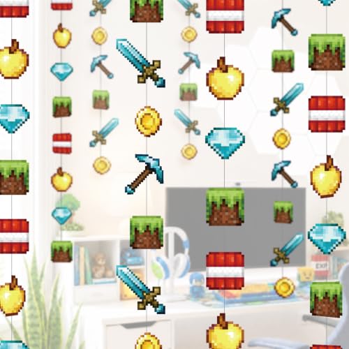 Cheerland Pixel Party Birthday Decorations Gaming Themed Wall Banner Hanging Miner Garland Streamers Photo Backdrop Room Decor Block Mine Cube Craft Ceiling Theme Bedroom Decoration Supplies NO DIY
