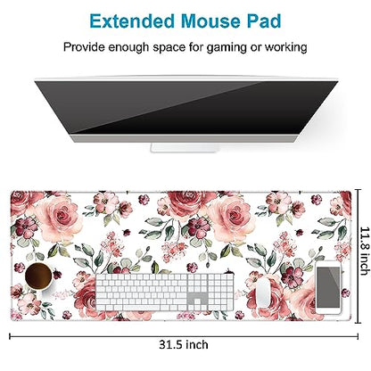 Extended Desk Mat (31.5x11.8 inch 3mm Thick), iDonzon Soft Cute Extra Large XXL Waterproof Gaming Mouse Pad with Non-Slip Rubber Base & Stitched Edges, for Working/Game, Peony Flowers - color: Pink