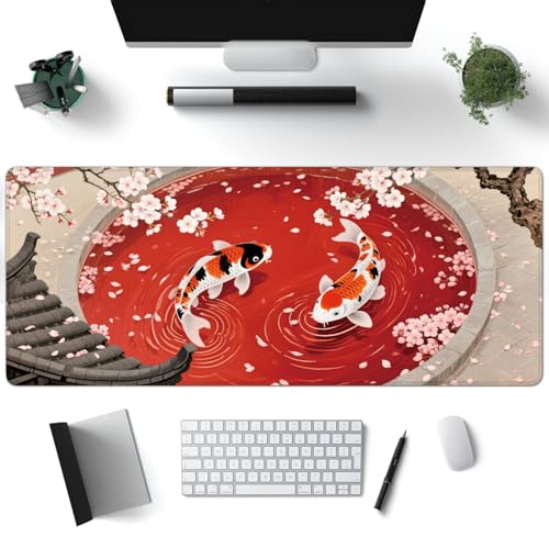 Desk Mat, Japanese Koi Fish XXL 35.4"x15.7"Large Gaming Mouse Pad, 3mm Thick Gaming Keyboard Pad,Desk Pad Non-Slip Rubber Base with Stitched Edges for Office Game Home Decor - color: Japanese Koi Fish
