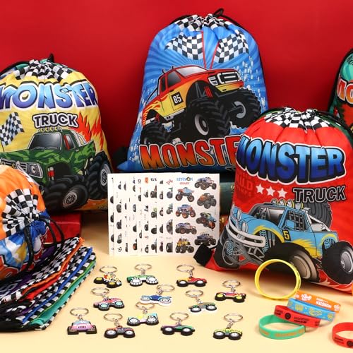 SNLN Monster Truck Party Favors Birthday Supplies for Boys Kids, Drawstring Bag Silicone Bracelet Keychain Tattoo Sticker Pinata Goodie Bag Stuffers Monster Truck Birthday Party Supplies Decor - style: Monster Truck