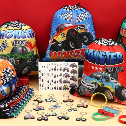 SNLN Monster Truck Party Favors Birthday Supplies for Boys Kids, Drawstring Bag Silicone Bracelet Keychain Tattoo Sticker Pinata Goodie Bag Stuffers Monster Truck Birthday Party Supplies Decor - style: Monster Truck