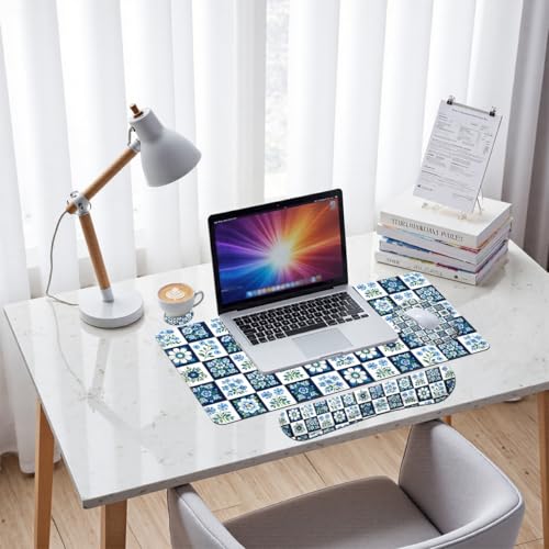 Blue Floral Tile Desk Mat Set Classic Check Botanical Mouse Pad with Wrist Rest 4in1 Desk Mat for Desktop Ergonomic Computer Desk Arm Wrist Anti-Slip Computer Ergonomic Mouse Pad Home Office Gaming - color: Blue Floral Tile