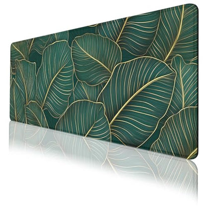 Tropical Jungle Mouse Pad Green Banana Leaf Gold Leaves Large Desk Mat Extended Large Laptop Keyboard Non-Slip Rubber Base with Stitched Edges for Home 31.5 x 11.8 Desk Home Office Gaming - color: Tropical Jungle, size: 31.5" x 11.8"