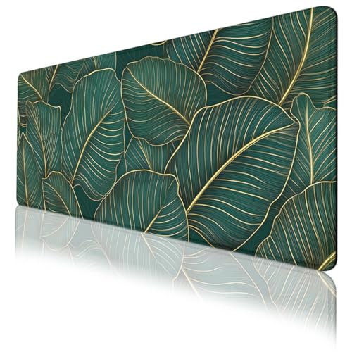 Tropical Jungle Mouse Pad Green Banana Leaf Gold Leaves Large Desk Mat Extended Large Laptop Keyboard Non-Slip Rubber Base with Stitched Edges for Home 31.5 x 11.8 Desk Home Office Gaming - color: Tropical Jungle, size: 31.5" x 11.8"