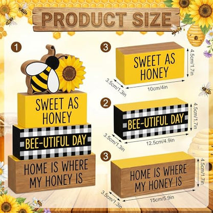 4 Pcs Bumble Bee Tiered Tray Decor Bee Sunflower Wooden Signs Yellow Farmhouse Shelf Sitters Spring Summer Table Centerpiece Honey Theme Decorations For Kitchen Living Room - style: Bee