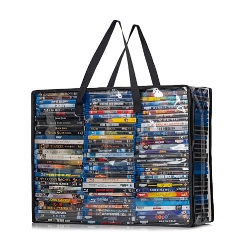 Besti Blu Ray Case Holder Organizer, Set of 2 Clear Plastic Bags with Handles for Storing Blurays, DVDs, CDs, Storage Bags for Video Game Cases, Holds Up To 90 Bluray and 60 DVD Cases (Black)