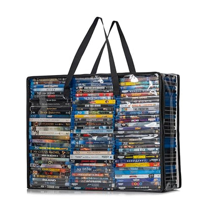 Besti Blu Ray Case Holder Organizer, Set of 2 Clear Plastic Bags with Handles for Storing Blurays, DVDs, CDs, Storage Bags for Video Game Cases, Holds Up To 90 Bluray and 60 DVD Cases (Black)