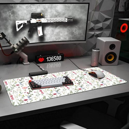 White Kawaii Flower Mouse Pad Large Desk Mat Extended Keyboard Mouse Pad Cute Mousepad with Non-Slip Base and Stitched Edge Floral Mouse Mat Desk Pad 31.5 x 11.8 Mouse Pads for Desk Home Office Gaming - color: White Wildflower