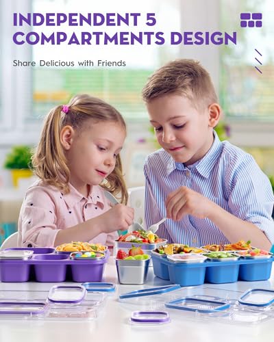 BiuLeon Snackle Box Containers, Stainless Steel 5 Compartments Divided Serving Tray with Lid, Removable LeakProof Portable Bento Box for Fruit Candy Nuts Food - School, Picnic and Travel（Purple） - color: Purple