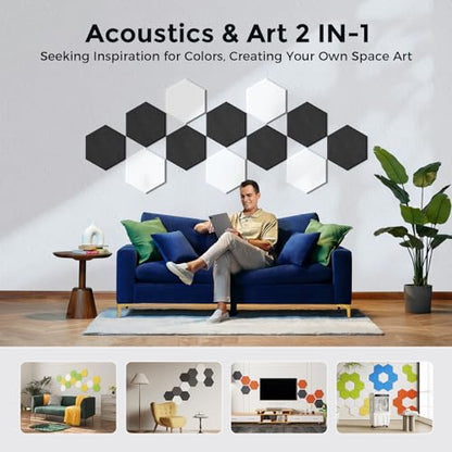 Self-Adhesive Acoustic Panels [390 lbs/yd³ Ultra-High Density], 2nd Generation Sound Absorbing Panel, Professional Level Sound Panel, Polyester Soundproof Foam [Medium Hexagon, White & Black] - color: White & Black, size: Medium Hexagon (12''x10''x0.4'')