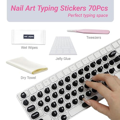 Raised Keyboard Stickers for Long Nails with Letters - Heart-Shaped Antistatic Silicone Protective Cover with Tweezers, Wet Wipes, Dry Towel & Jelly Glue, Ideal for Typing, Gaming & Nail Art (70 Pcs)
