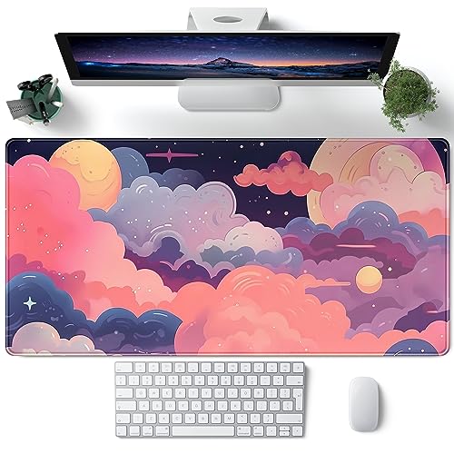 Cute Desk Mat Kawaii Clouds Pink Purple Desk Pad Anime XXL Large Mouse Pad Big Full Desk Gaming Mousepad Laptop Computer Keyboard Mouse Mat 31.5''X 15.7'' Cute Desk Decor Accessories - color: A Kawaii Clouds
