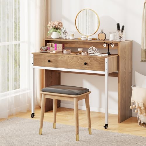 Tangkula Extendable Computer Desk with 2 Storage Drawers, Convertible Home Office Desk with Monitor Shelf, Metal Frame & Lockable Wheels, Rolling Study Writing Desk (Natural) - color: Natural