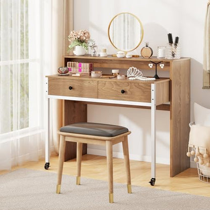 Tangkula Extendable Computer Desk with 2 Storage Drawers, Convertible Home Office Desk with Monitor Shelf, Metal Frame & Lockable Wheels, Rolling Study Writing Desk (Natural) - color: Natural