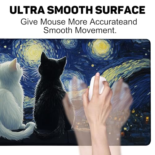 Black Cat and White Cat Look Starry Sky Gaming Mouse Pad with Stitched Edges Non-Slip Rubber Base Mouse Pad for Office,Computer,Keyboard,Laptop and Home Desk,35.4 x 15.7 Inch - color: Black Cat and White Cat Look Starry Sky, size: 15.7*35.4inch
