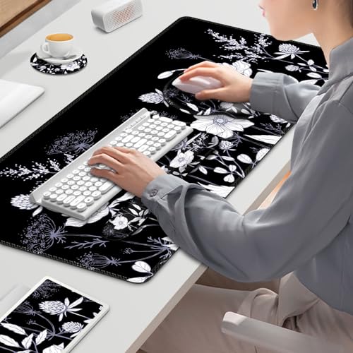 Gaming Mouse Pad, Large Desk Mat, Cute Desk Pad Protector, 4in1 XXL Mousepad + Keyboard Wrist Rest+Mouse Wrist Rest+Coaster Set with Ergonomic Desk Pad for Home Office PC Computer, Black White Flowers - color: Black White Flowers