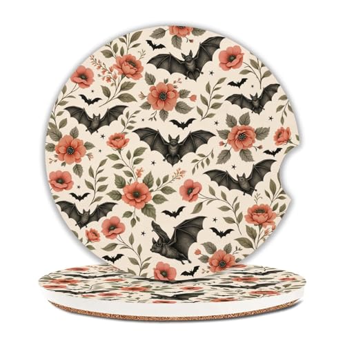 Bats Car Coasters for Cup Holders Set of 2 Floral Absorbent Ceramic Cup Coaster 2.63" Non-Slip Cork Base Drink Coasters with Finger Notch Car Accessories Interior for Women Men - color: Bat