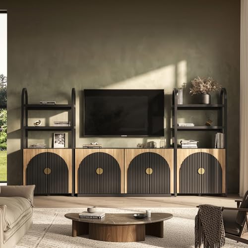 BELLEZE 3-Piece Arched TV Stand Entertainment Center with Storage, Mid Century Modern 2-Piece 72″ Tall Storage Cabinets and 65″ Fluted TV Console for Living Room (Camel) - color: Stacked Camel Ab, size: 1