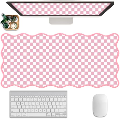 Scalloped Desk Mat Extended Large Cute Pink Mouse Pad Farmhouse Desk Pad XXL Aesthetic Plaid Mousepad Checkered Gaming Mouse Pad for Keyboard Computer Laptop Home Office Accessories Girl 35.4X15.7Inch - color: Pink, size: 35.4" x 15.7"