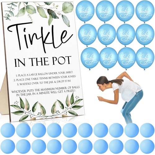 Tatuo 71 Tinkle in The Pot Baby Shower Game Sign Wooden Baby Shower Gender Reveal Party Favors 20 Table Tennis Balls 50 Balloon Latex Balloon(Leaves,Blue) - color: Blue, style: Leaves