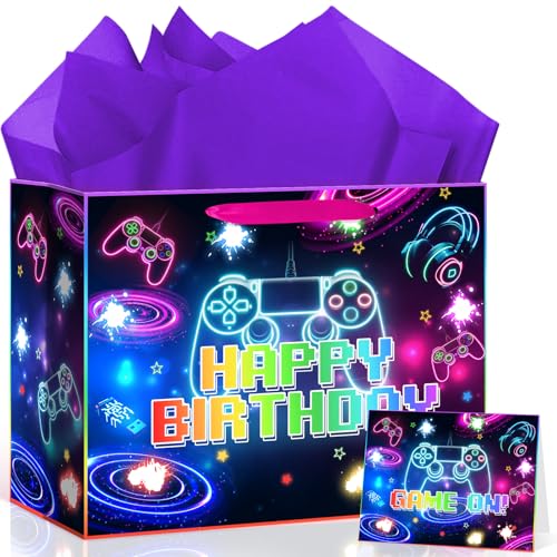 Peconal Game Theme Birthday Party Supplies Video Game Birthday Gift Bag with Wrapping Paper and Card Neon Gaming Decorations Gamer Wrapping Paper Bag for Boys Girls Men Women Game Theme Party Decor - color: Neon