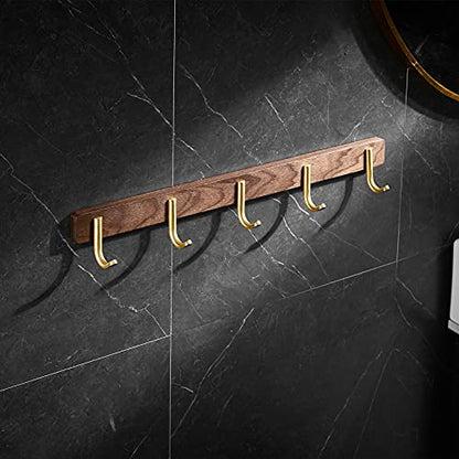 Wall Mounted Coat Rack, Entryway Hanging Rack with Rustic Hooks for Coat, Scarf, Bag, Towel, Key, Cap, Hat - Walnut Gold Matt (5 Hooks - J Shape) - size: 5 Hooks - J Shape