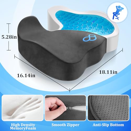 CushyOasis Seat Cushion, Gel Chair Cushions, Office Chair Cushions, Anti-Slip Bottom & Removable Cover Tailbone Pain Relief Cushion, Memory Foam Seat Cushion, 5.28 in Thick (Grey) - color: Grey, size: X-Large