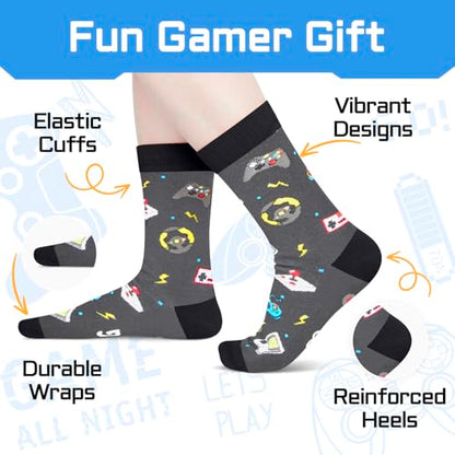 Gamer Gifts for Men - Video Game Socks, Gaming Stocking Stuffers with Card and Keychain