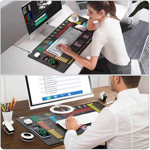 Excel Cheat Sheet Mouse Pad with Magnetic Wireless Charger, 31.5"x15.8" Extended Excel Shortcuts Desk Pad, Waterproof Ultra-Smooth Keyboard Mat, Non-Slip Base - color: Black-Excel Formulas-31.5"x15.8"