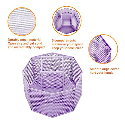 Annova Mesh Desk Organizer Rotate with 5 Compartments Spinning Tidy Candy/Pen Holder Office, Art Supply, Storage, Classroom, Home (Light Purple) - color: Light Purple