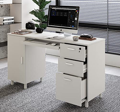 Modern Design Venice Computer Office Desk with 3 Locking Drawers and Storage Cabinet, 53 Inch Home and Office Executive White Desk with Keyboard Tray by Crafts and Comfort - color: White